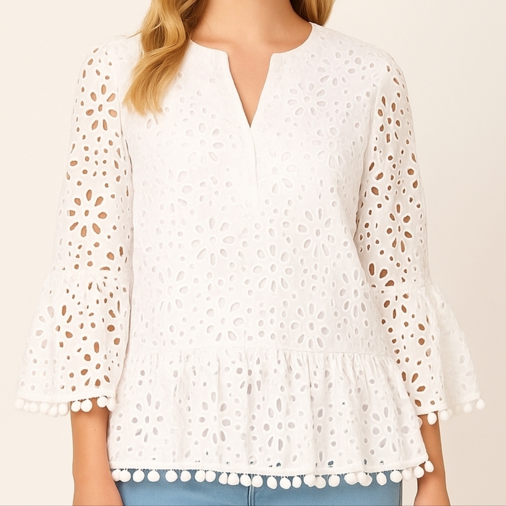 Lilly Pulitzer Bekah Peplum Eyelet Pom Pom Trim Top Resort White Funflower M